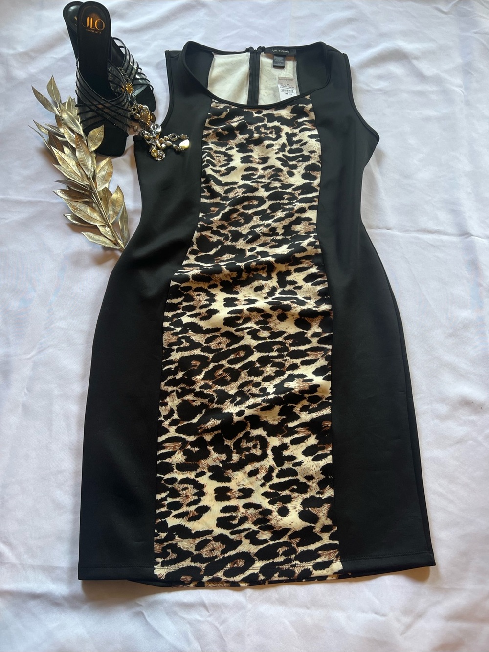 NWT Ashley Stewart  Black Dress with Leopard Center Panel